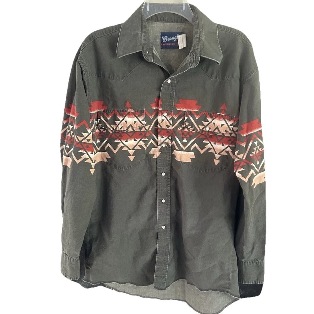 Wrangler Western Pearl Snap Shirt Mens L Southwestern Aztec Cowboy Olive Green